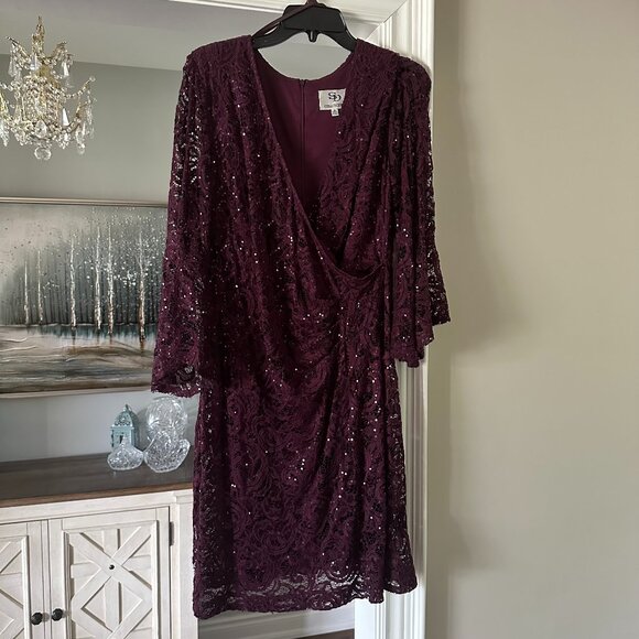 SD Collection Eggplant Lace Long sleeve Dress with Sequins  (Size 16) - Picture 1 of 8